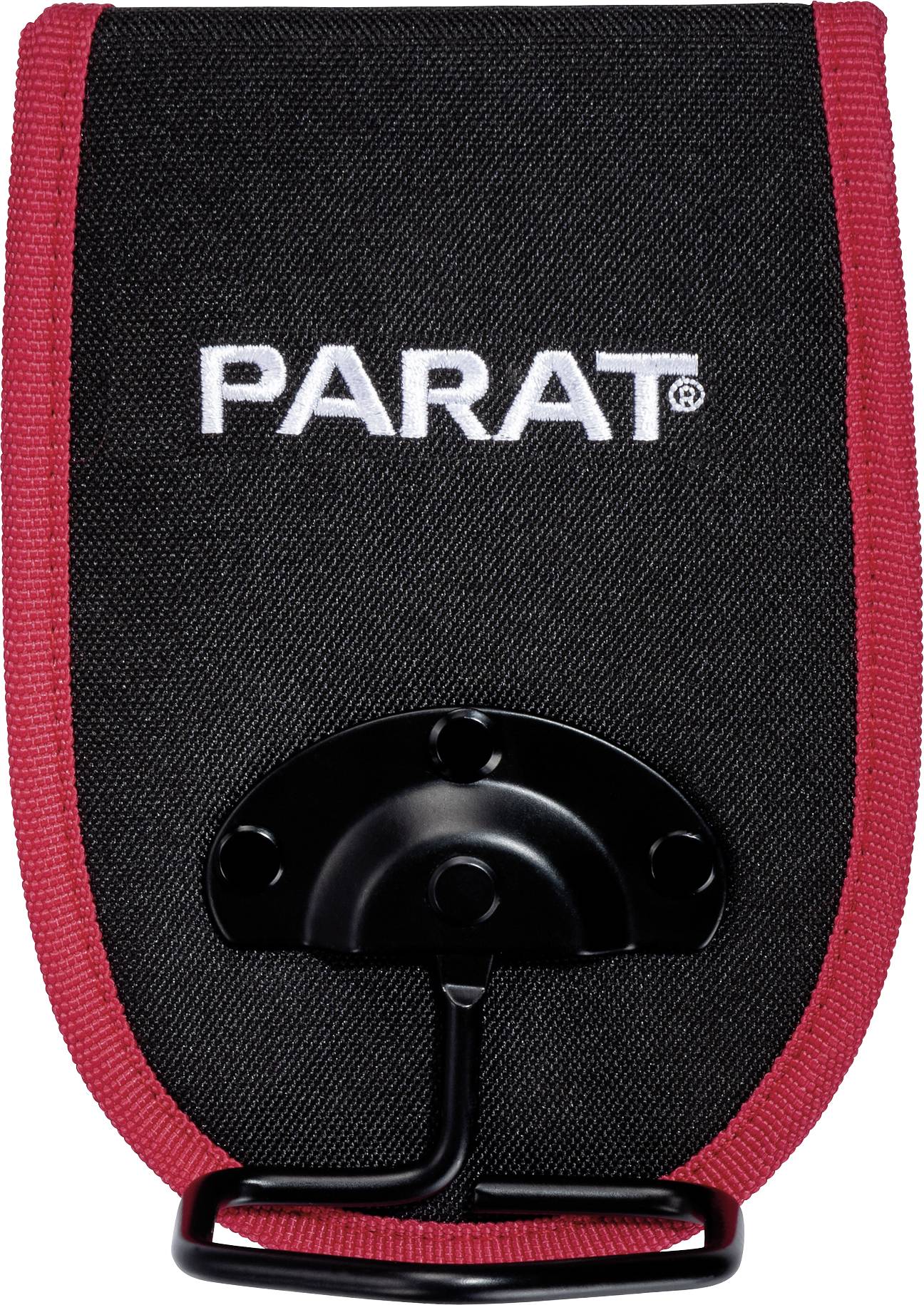 Gereedschapshouder van zwart stof met rode rand, 'PARAT' merk op de voorkant. Bevat een zwarte metalen haak onderaan.
