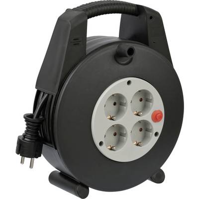 Zwarte kabelspoel met handvat en opgerold netsnoer, voorzien van vier Europese stopcontacten en een rode resetknop.