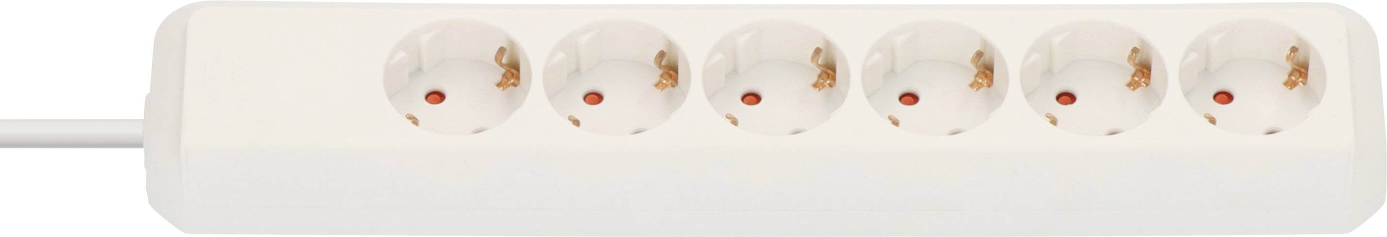 Witte zesstekkige stekkerdoos met een snoer aan de linkerkant en rode stroomindicatoren in elk stopcontact.