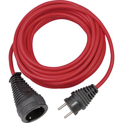 Rode verlengsnoer opgecoild met een Europese twee-pins stekker en zwart stopcontact aan het einde.