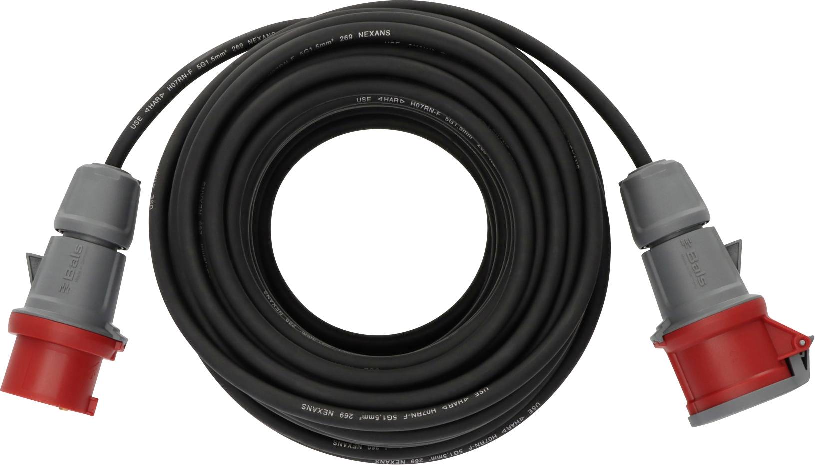 Opgerolde zwarte stroomkabel met rode en grijze industriële connectors aan beide uiteinden.
