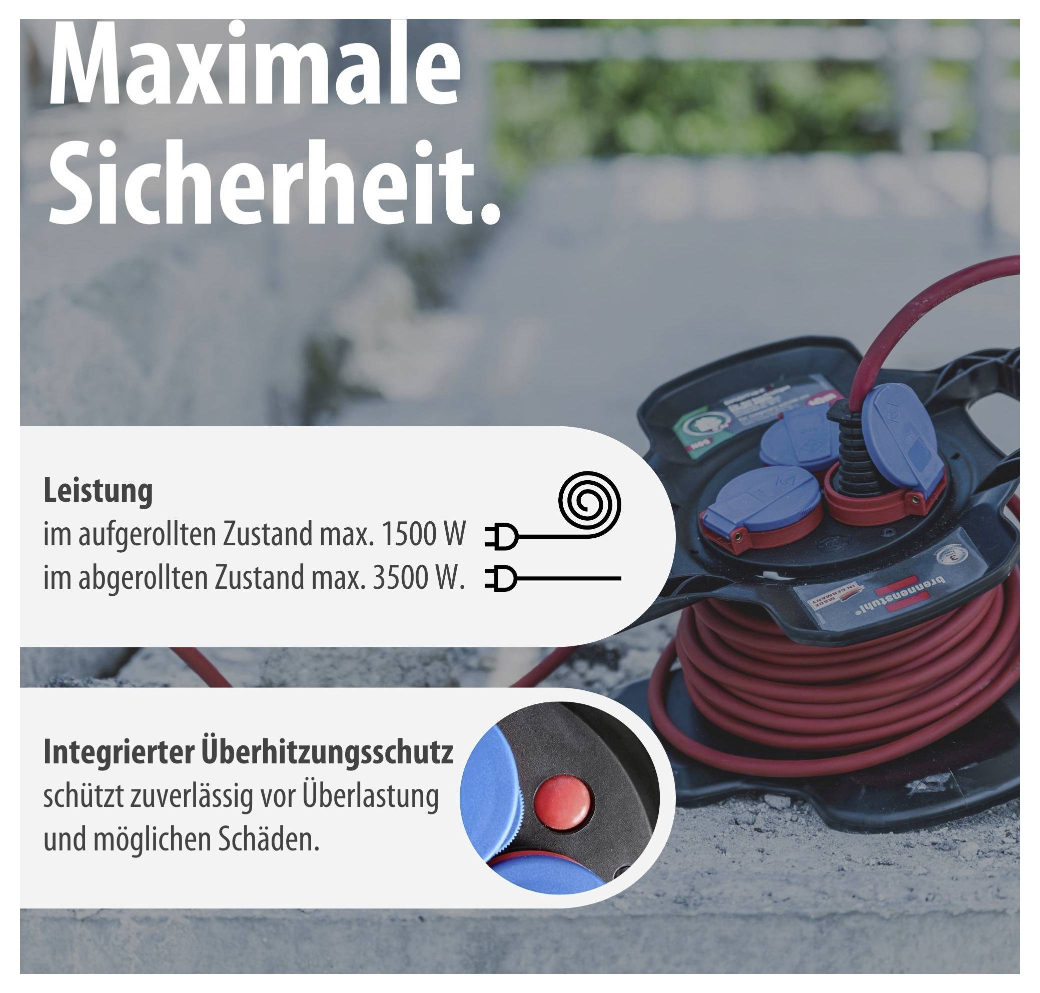 Reclame-afbeelding voor een kabeltrommelverlengkabel: 'Maximale veiligheid.'; Vermogen max. 1500 W opgerold, 3500 W uitgerold; geïntegreerde oververhittingsbeveiliging.