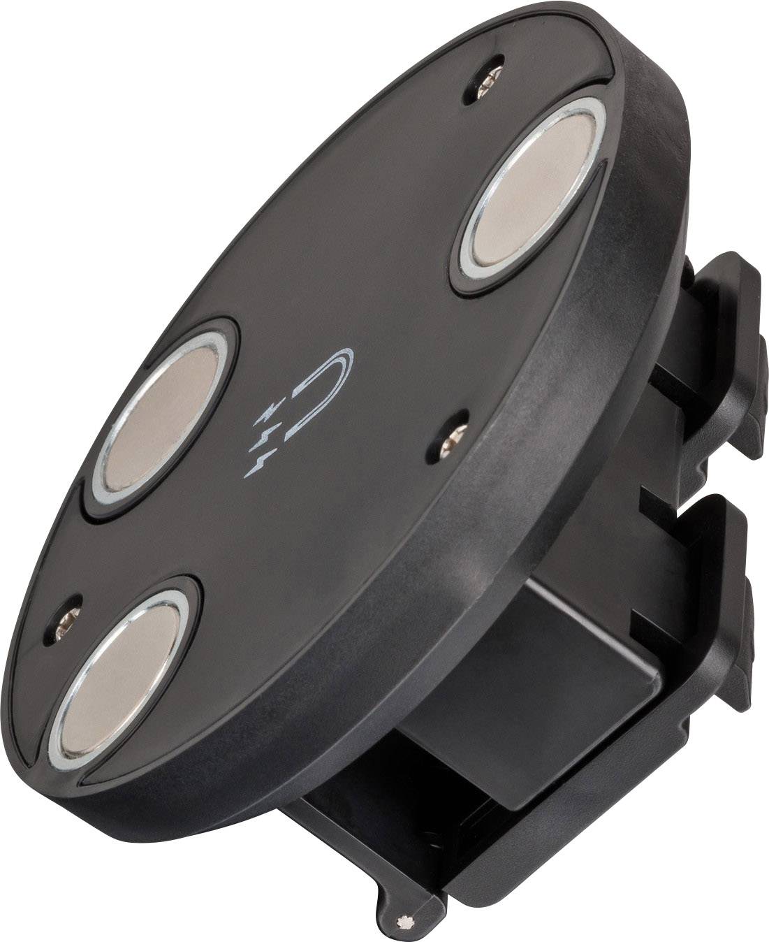 Een zwarte magnetische voet met drie ronde, zilveren magneten, geschikt voor bevestiging van apparaten.