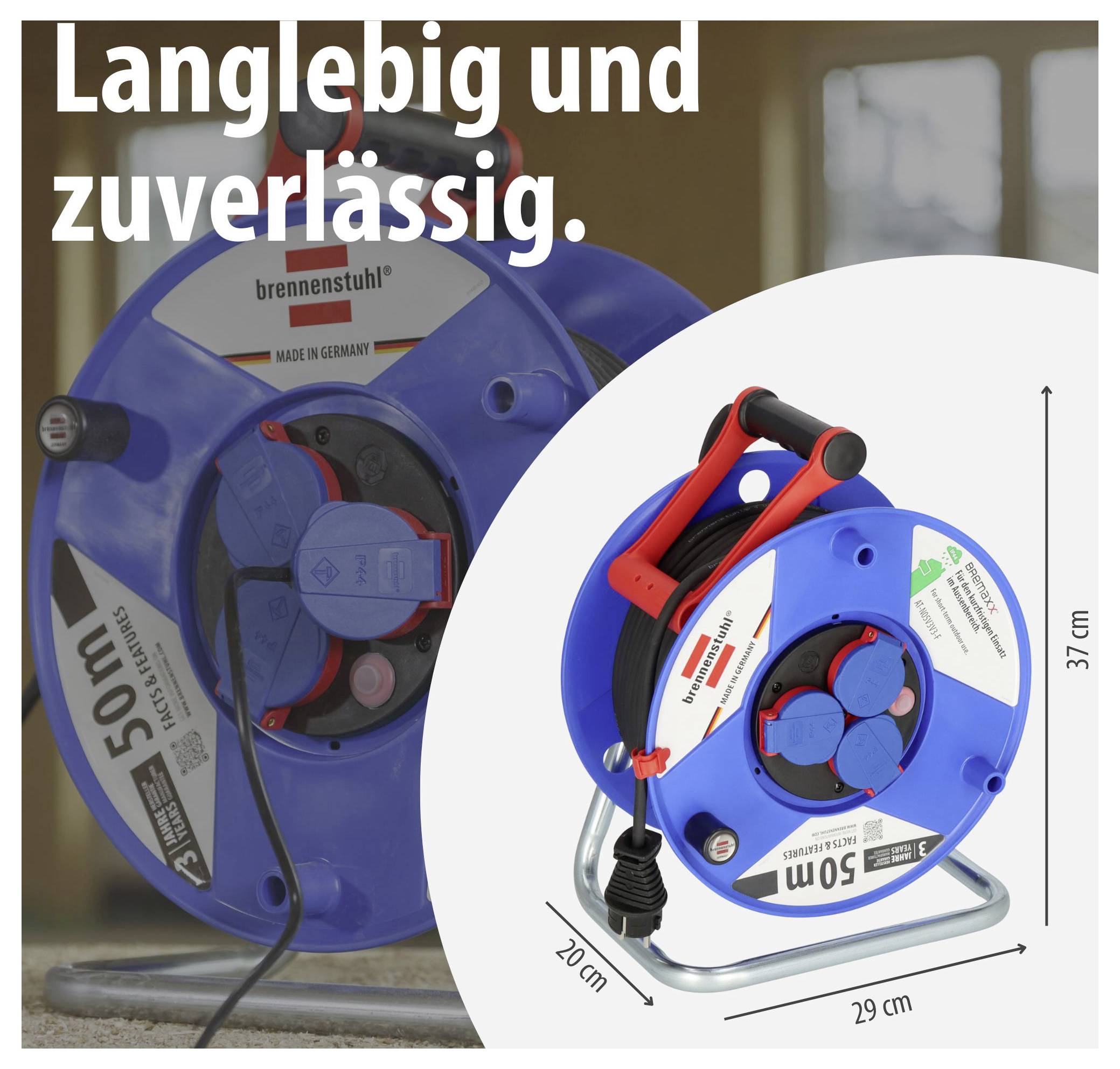 Advertentieafbeelding van een blauwe kabelwagen van Brennenstuhl met de slogan 'Duurzaam en betrouwbaar.' en de afmetingen 20 x 29 x 37 cm.