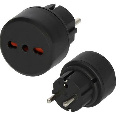 Twee zwarte elektrische stekkeradapters weergegeven van voor en achter, met ronde pinnen en rode interne contactdozen.
