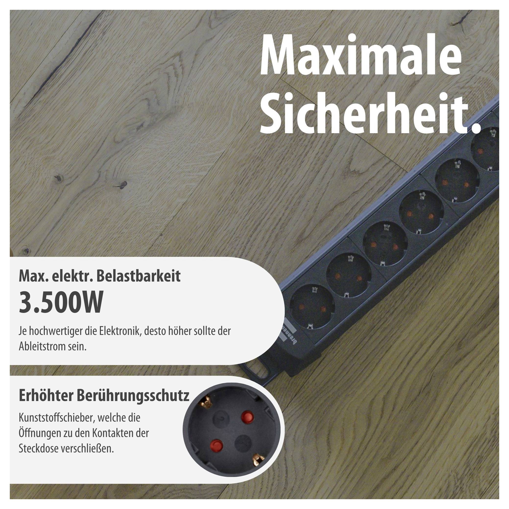Stekkerdosenstrip op houten vloer met de tekst 'Maximale veiligheid', 3.500W belastbaarheid en verhoogde aanraakbescherming door kunststofschuiven.