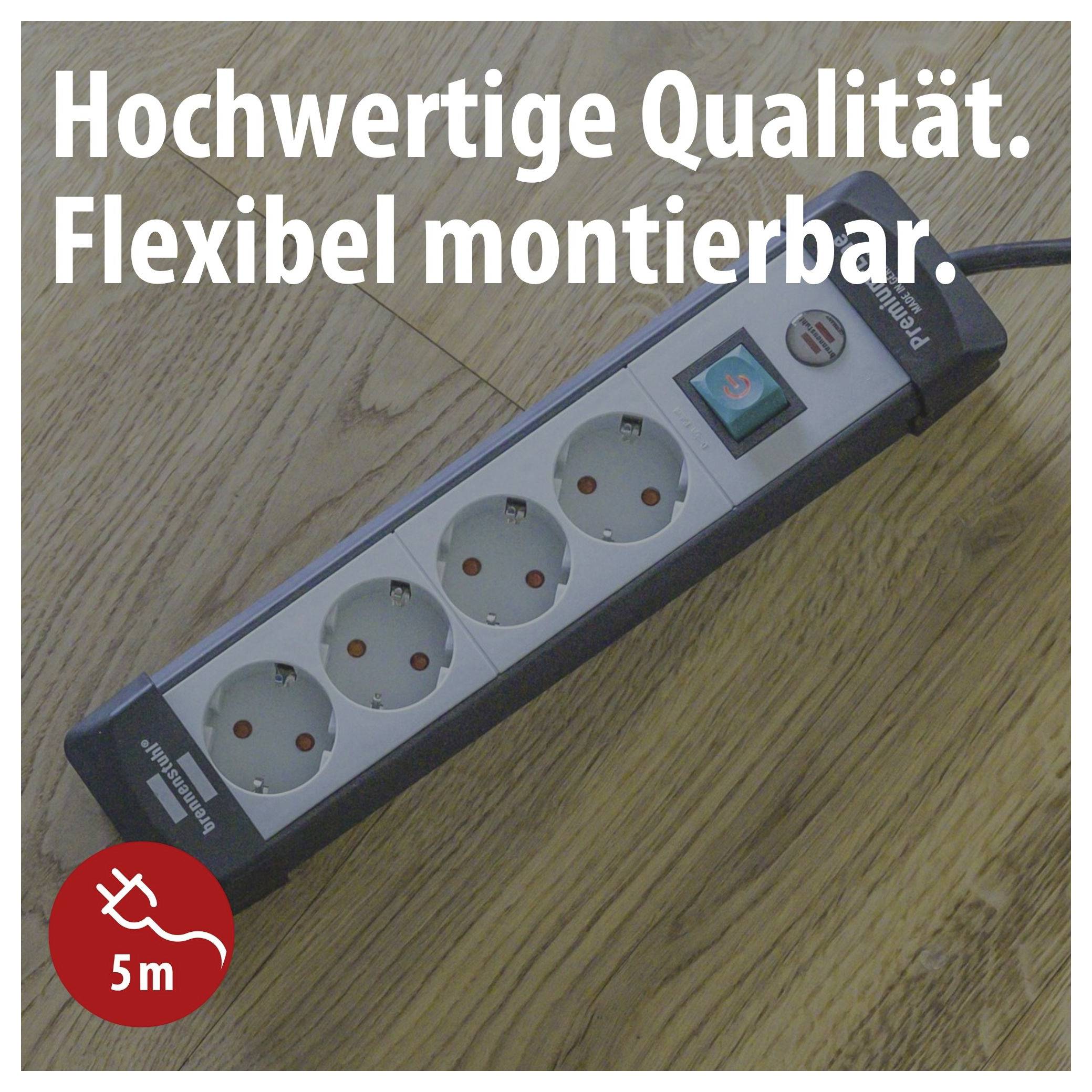 Stekkerdosenlijst met vijf aansluitingen en schakelaar op houten vloer, aangeprezen met 'Hoogwaardige kwaliteit. Flexibel monteerbaar.' en 5 m kabellengte.