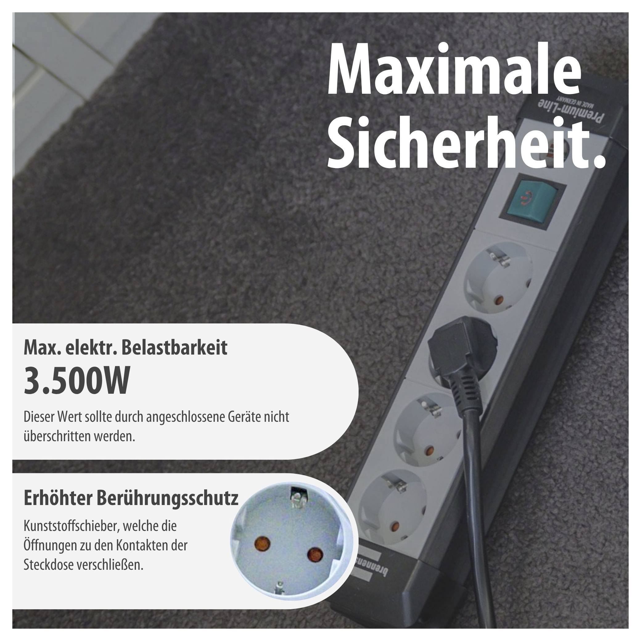 Reclame voor een stekkerdoos met kabel en verlichte schakelaars; Tekst: 'Maximale veiligheid', maximale belastbaarheid 3.500 W, verhoogde aanraakingsbeveiliging.