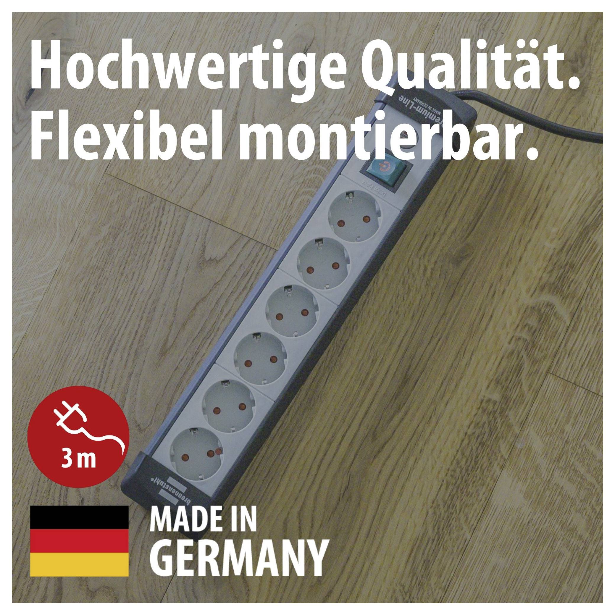 Stekkerdosenlijst op houten vloer met tekst 'Hoogwaardige kwaliteit. Flexibel monteerbaar.', 3 m snoerlengte en 'Made in Germany'.