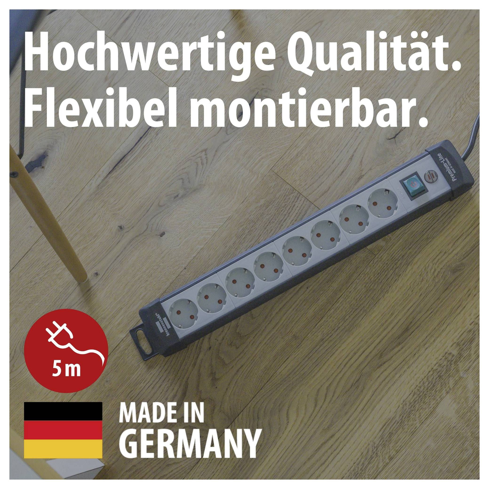 Stekkerdosenleiste op houten vloer met tekst 'Hoogwaardige kwaliteit. Flexibel monteerbaar.', 5 m en 'Made in Germany'.