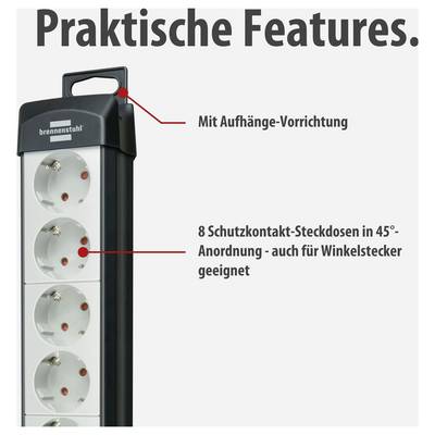 Afbeelding van een stekkerdoos met 8 geaarde contactdozen in 45°-opstelling en ophangarmatuur; Tekst: 'Praktische functies.'