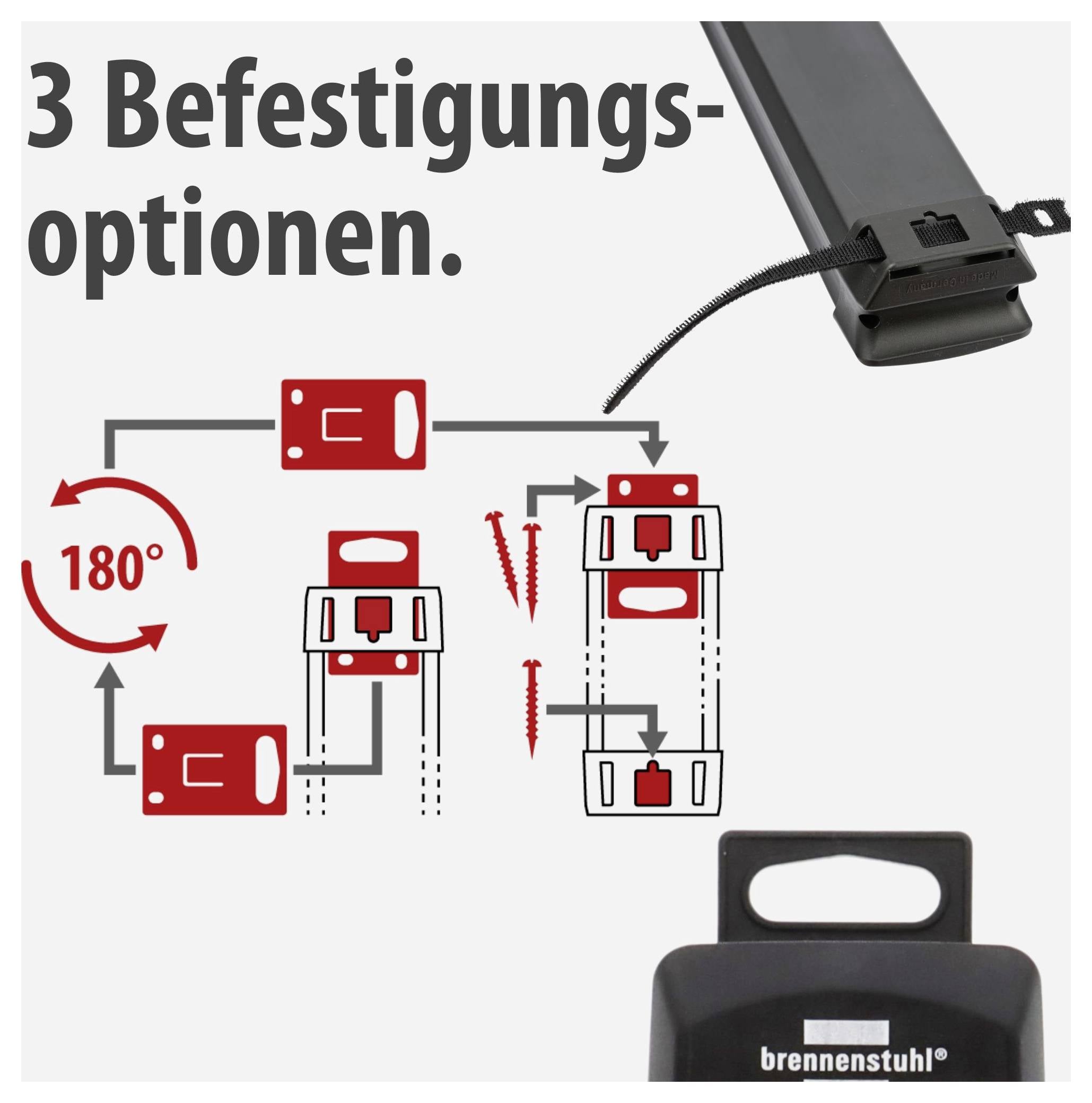 Infografiek met 3 bevestigingsopties voor een kabelmanagementproduct, met 180°-rotatie en montageposities op een beugel.