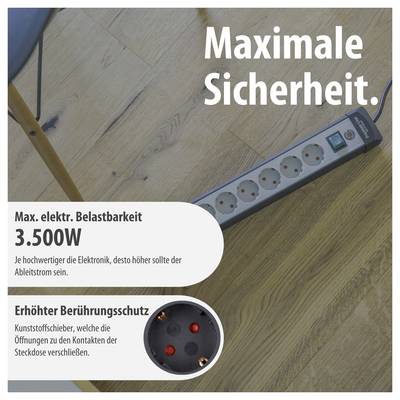 Advertentie voor een stekkerdoos: 'Maximale veiligheid', maximale elektrische belastbaarheid 3.500 W en verhoogde aanraakingsbescherming door kunststofschuiven.