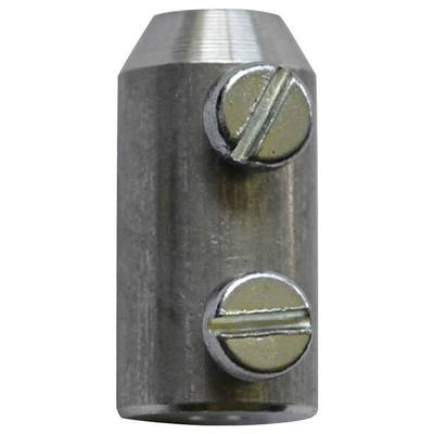 Metalen cilindrische connector met twee gleufvormige schroefklemmen aan de zijkant, weergegeven in close-up op een witte achtergrond.