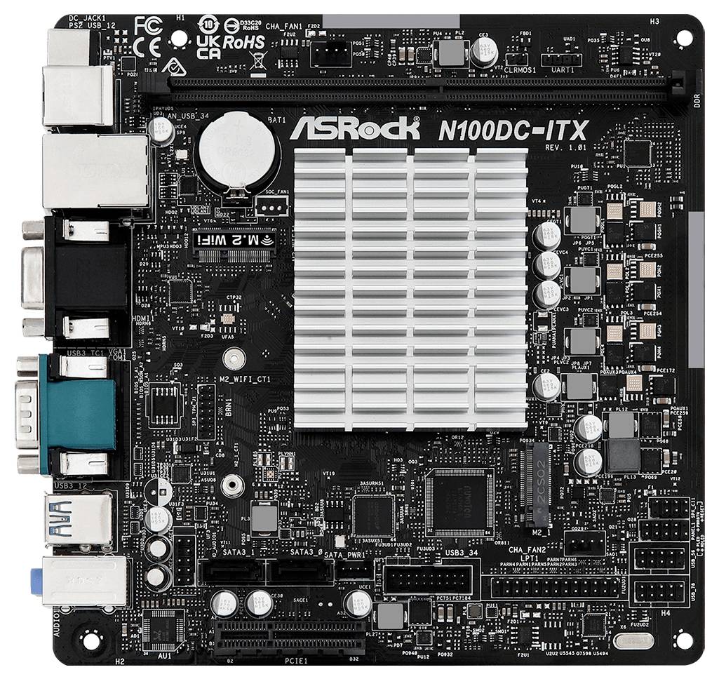 ASRock N100DC-ITX-moederbord met geïntegreerde warmteafleider, aansluitingen voor HDMI, VGA en USB, geschikt voor compacte pc-builds.