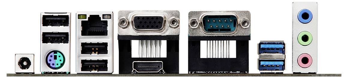 Achterkant van een computer-moederbord met verschillende aansluitingen: USB, HDMI, Audio, Netwerk, en oudere interfaces zoals VGA.