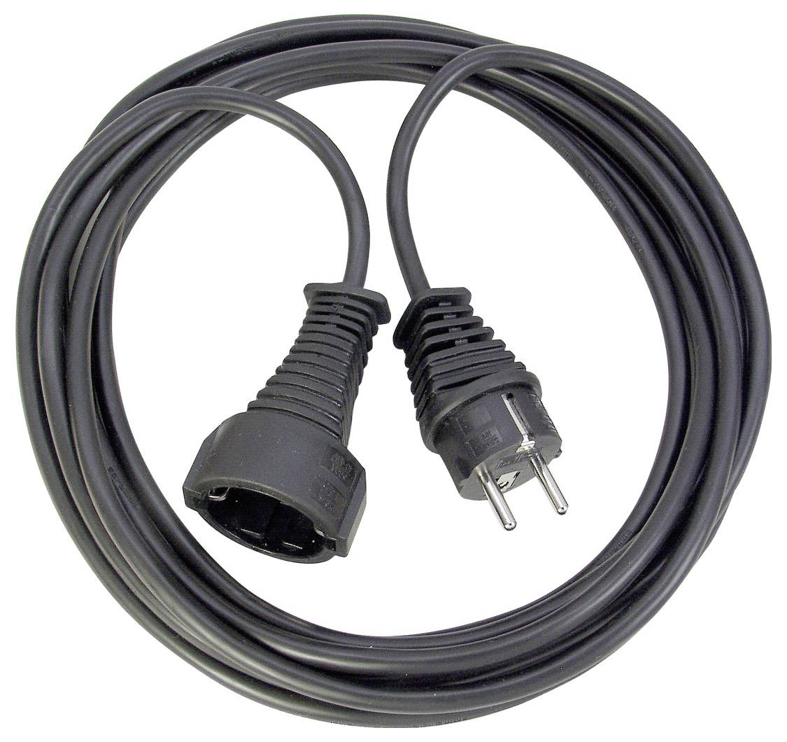 Zwarte elektrische stroomkabel met twee-polige stekker aan het ene uiteinde en socketconnector aan het andere uiteinde, opgerold op een witte achtergrond.