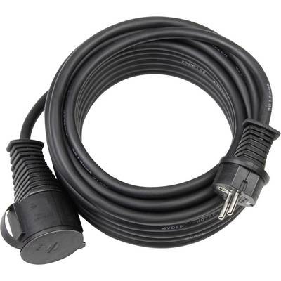 Opgerolde zwarte stroomverlengsnoer met geaard stekker en uitgangsconnector op een witte achtergrond.