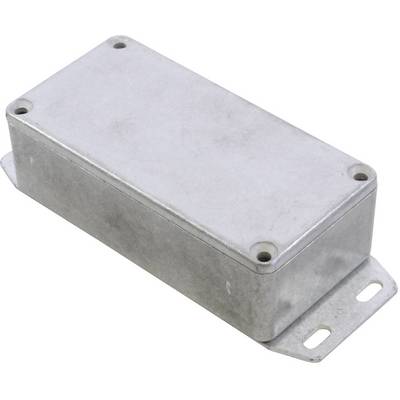 Een rechthoekige, zilveren metalen behuizing met afgeronde hoeken en vier schroefgaten. Het heeft een bevestigingsplaat.