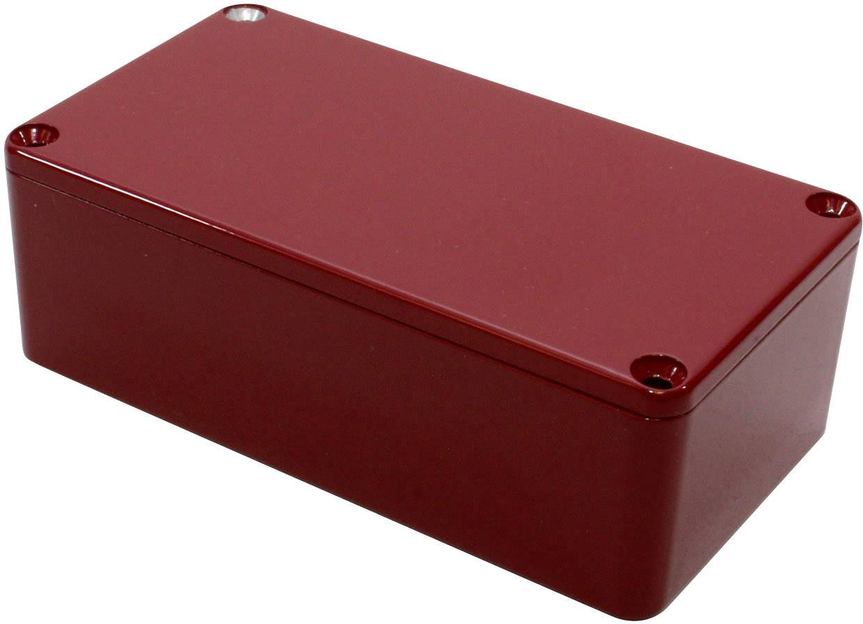 Rode rechthoekige behuizing van metaal, mogelijk bestemd voor elektronische componenten, op een witte achtergrond.