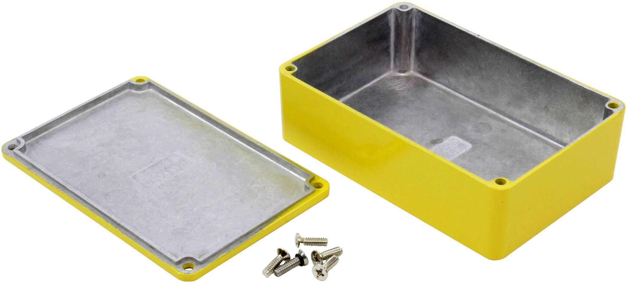 Here is the Dutch translation:<br><br>Geel metalen behuizing met verwijderbare deksel, inclusief schroeven, voor veilige opslag van elektronische componenten.