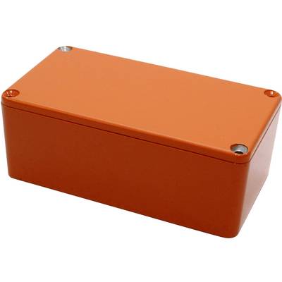 Een rechthoekige, oranje, metalen behuizing met afgeronde hoeken en vier zichtbare schroeven op het deksel.