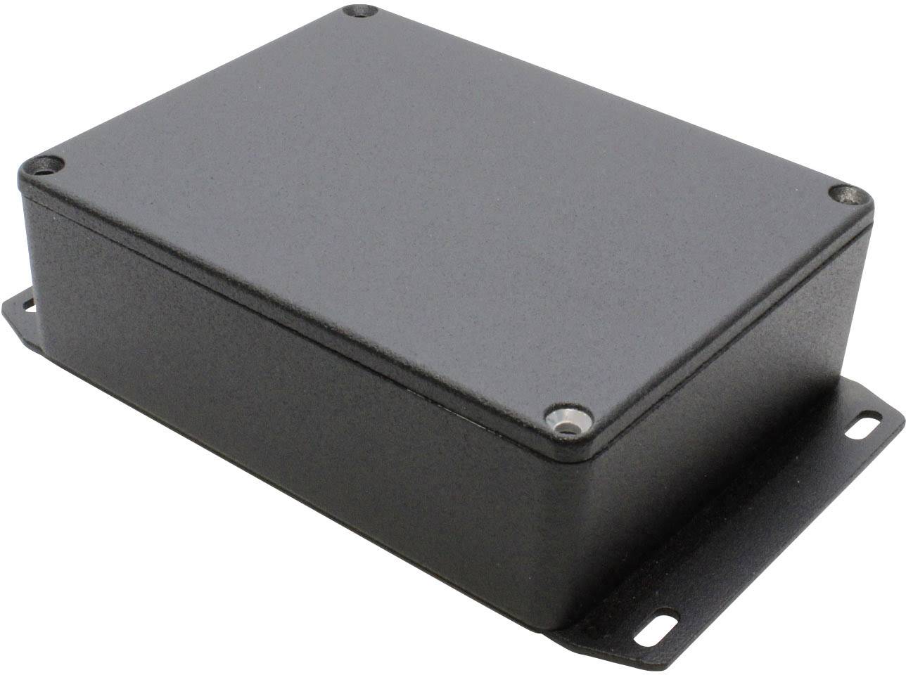 Zwart, rechthoekig metalen behuizing met afgeronde hoeken en schroeven op elke hoek, bedoeld voor montage en bescherming van elektronische apparaten.