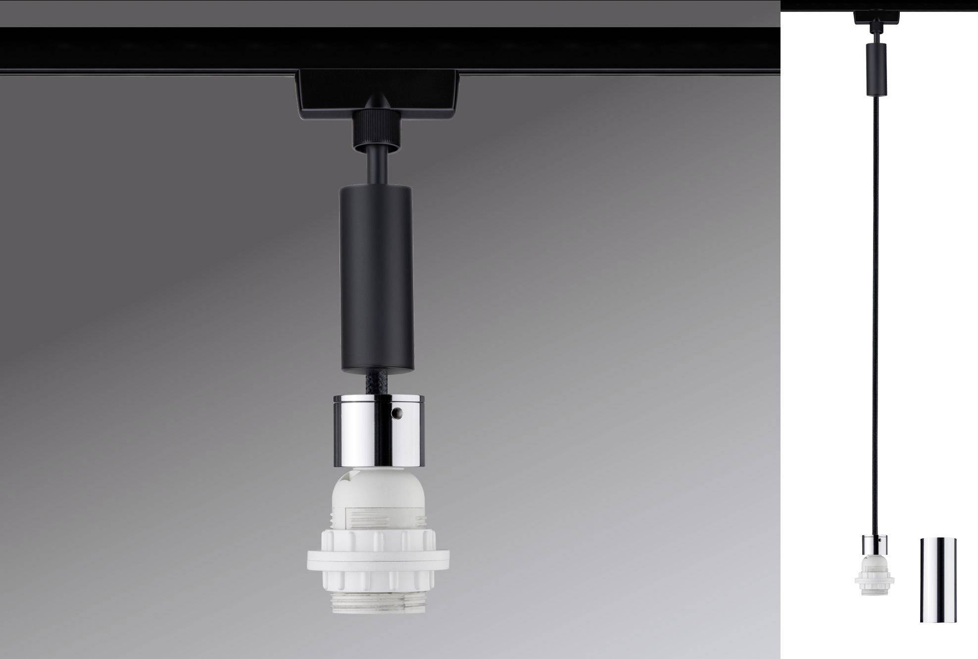 Een hangende lamphouder in zwart en chroom met een modern design, geschikt voor LED- of energiebesparende lampen.