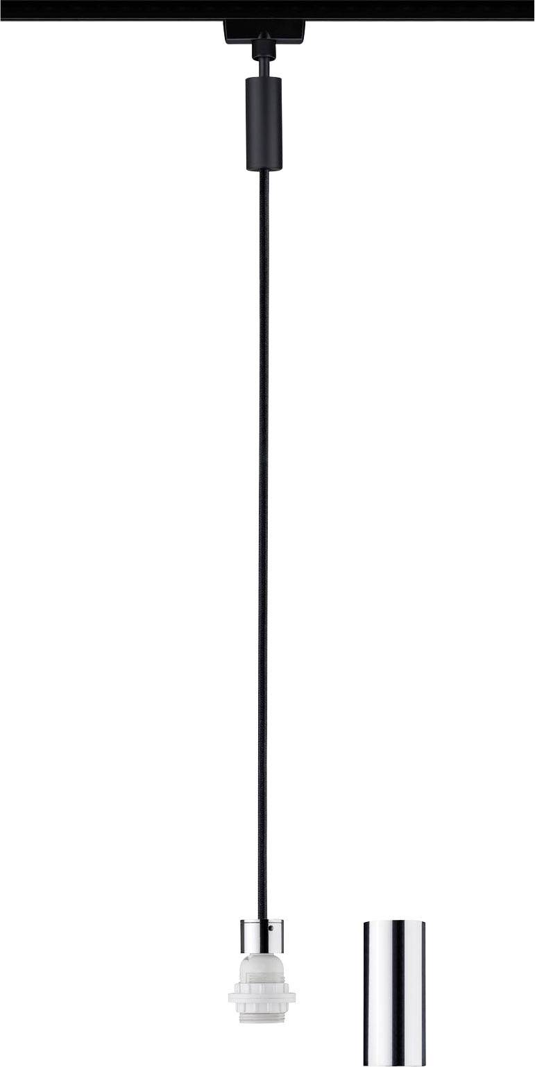 'Zwarte hanglamp met glad snoer, witte lampfitting en zilver buisvormig detail onderaan.'