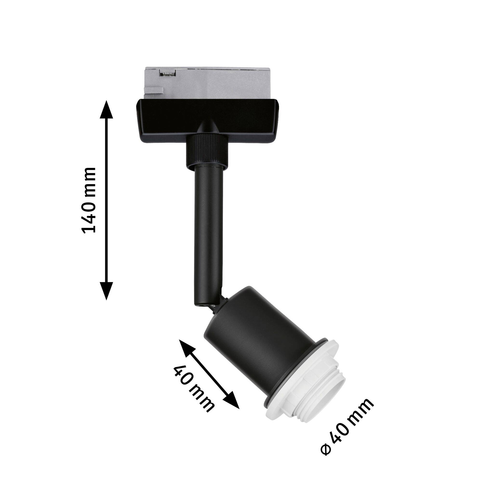 Een draaibare LED-projector met de afmetingen: hoogte 140 mm, sokkeldiameter 40 mm, lensdoorsnede 40 mm.