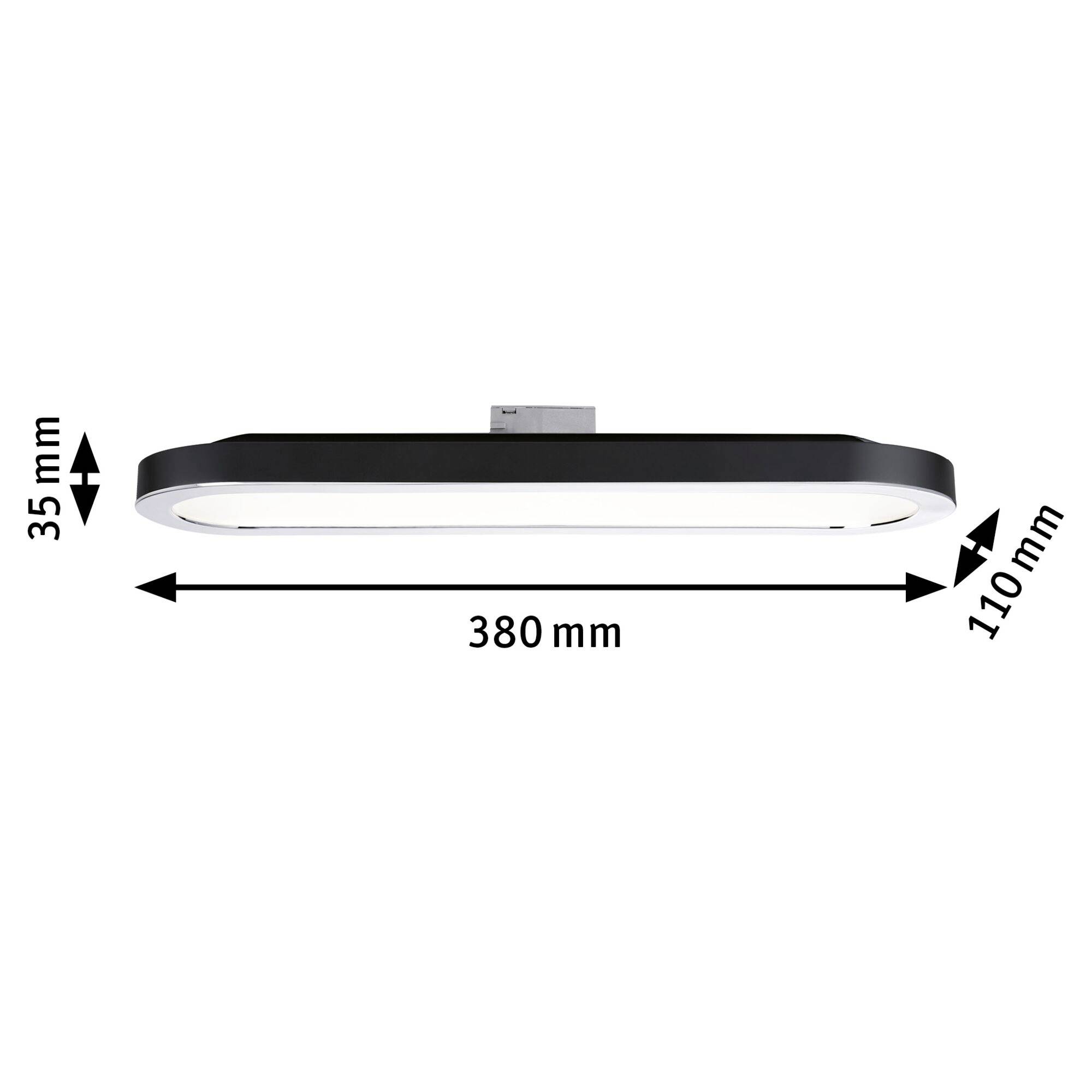 Een rechthoekige LED-plafondlamp met zwart frame met afmetingen: 380 mm lengte, 110 mm breedte, 35 mm hoogte.