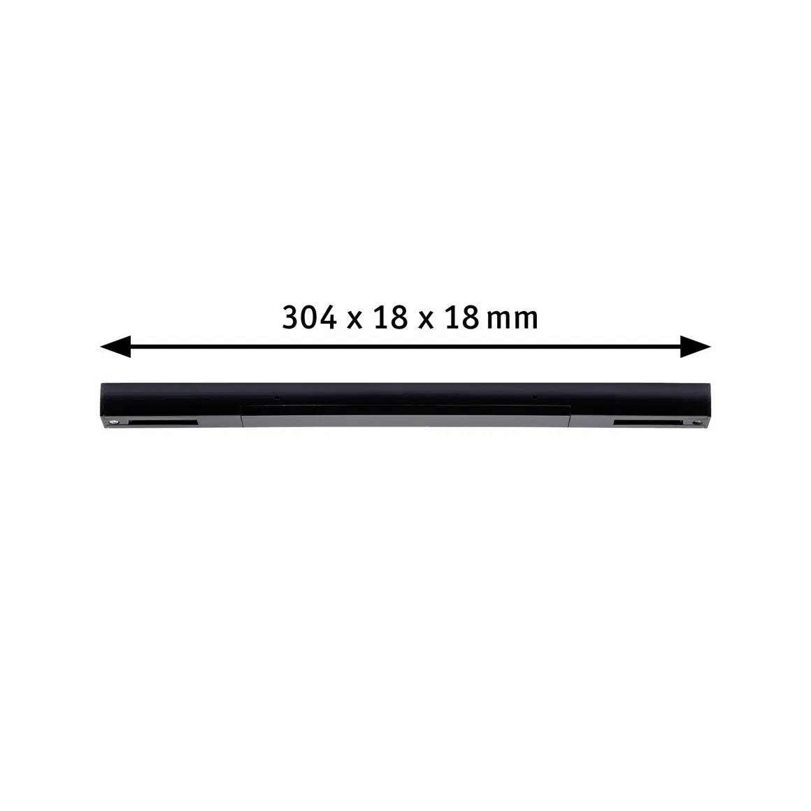 Zwarte balk, 304 x 18 x 18 mm, met horizontale dubbele pijl die de lengte aangeeft.