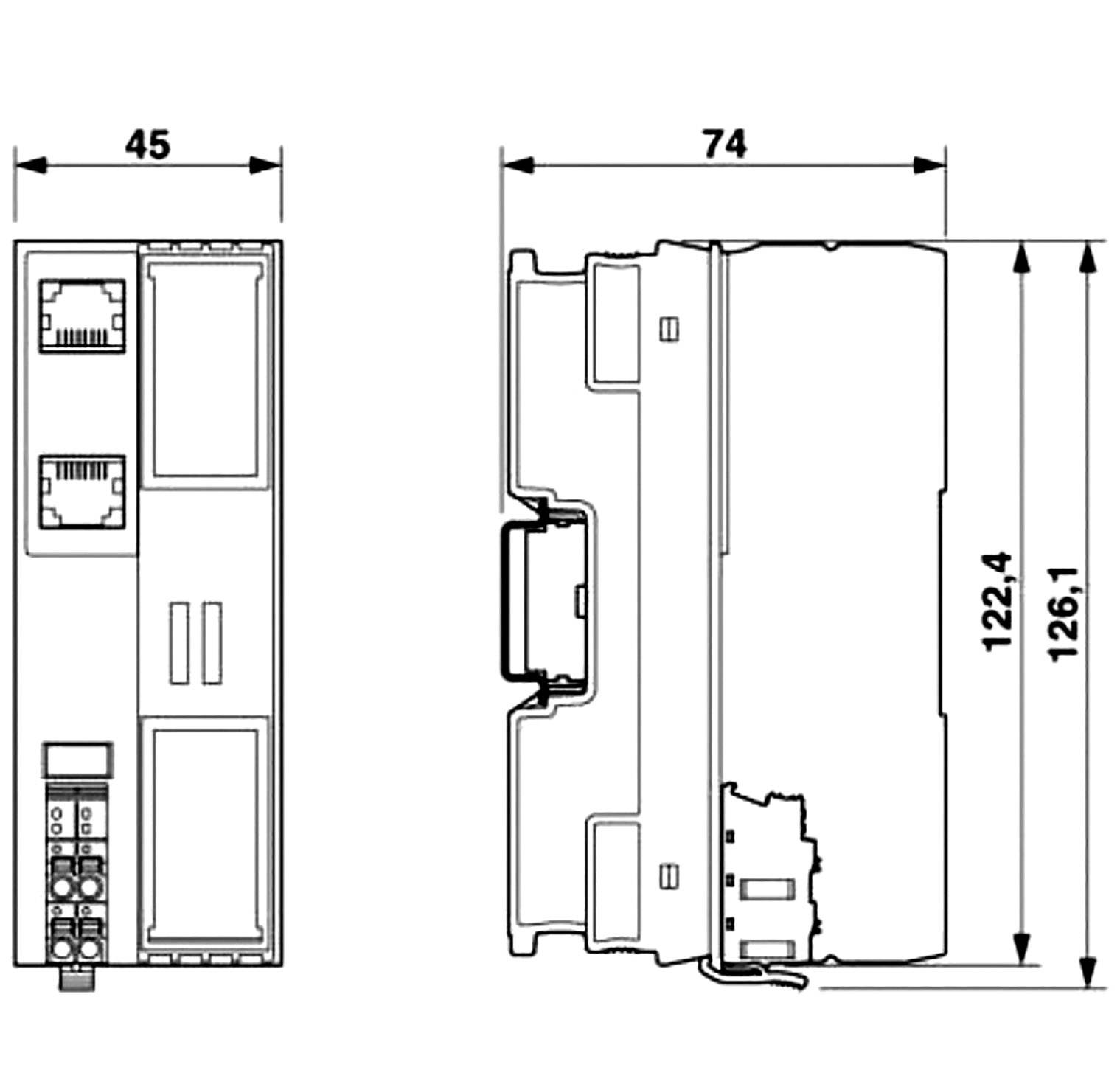 Technische tekening van een apparaat met frontale en zijdelingse weergave. Afmetingen: 45 mm breedte, 74 mm diepte, 122,4 tot 126,1 mm hoogte.