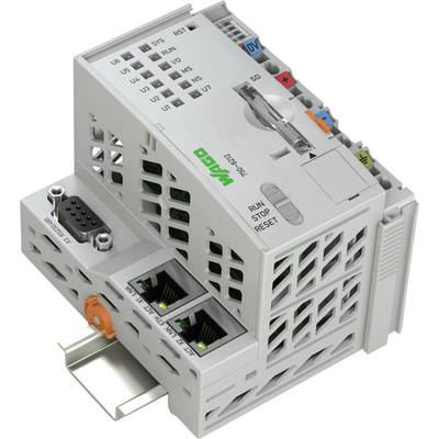 'Een WAGO I/O-controller, gemonteerd op een DIN-rail, met Ethernet- en seriële interfaces, geschikt voor industriële automatisering.'