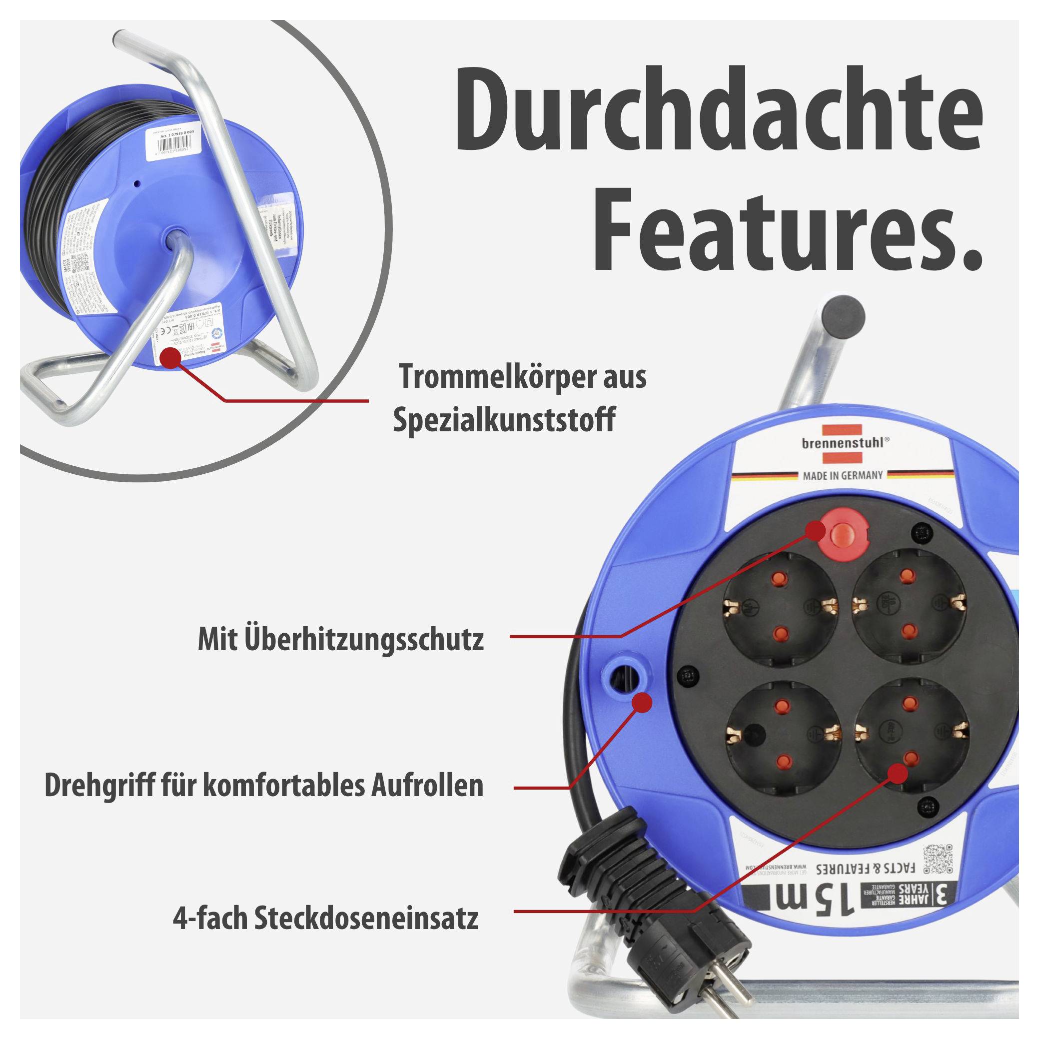 Advertentiegrafiek van een kabelwagen met de titel 'Doordachte functies.'; gemarkeerd zijn trommellichaam van speciale kunststof, overbeschermingsbeveiliging, draaigreep en 4-voudig stekkerdoosenelement.