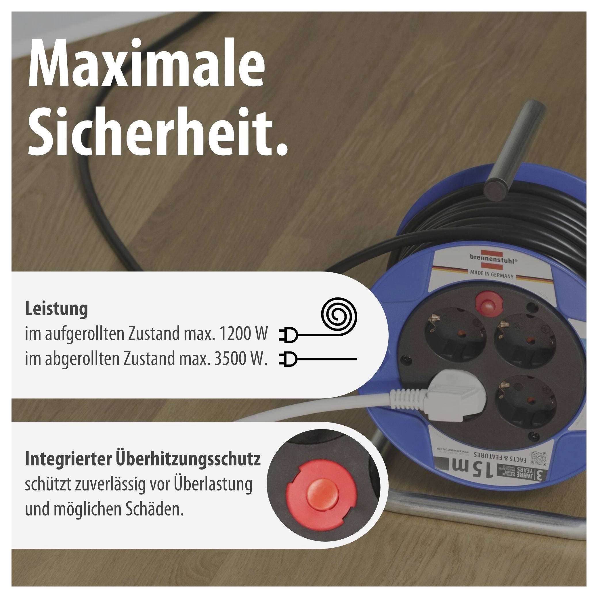 Advertentieafbeelding van een kabelspoel met de tekst 'Maximale veiligheid'. Benadrukt worden vermogen: 1200 W opgerold, 3500 W afgerolfd, en ingebouwde oververhittingsbeveiliging.