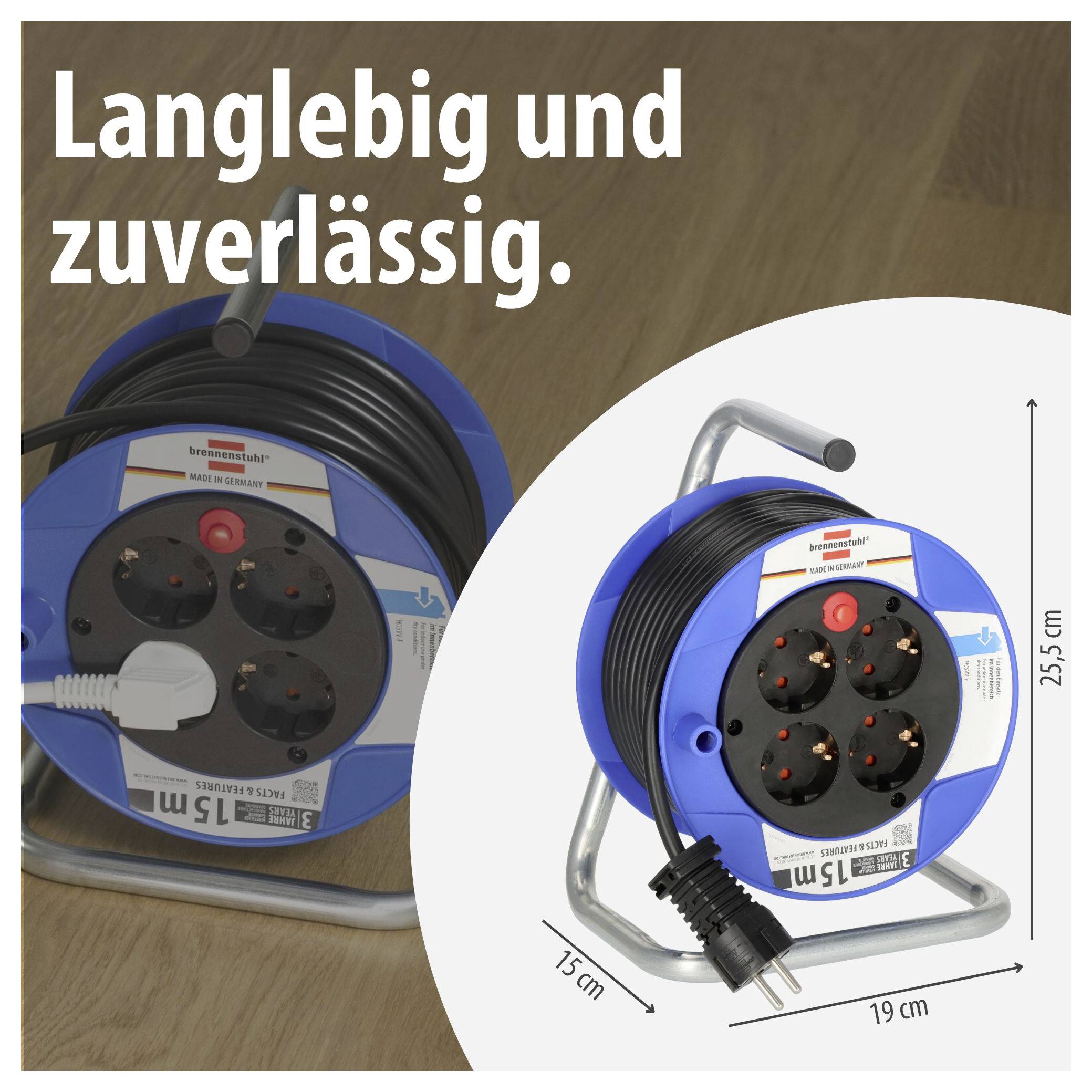 Reclameafbeelding van een blauwe kabelspoel met stopcontacten; tekst 'Duurzaam en betrouwbaar.' alsmede afmetingen 25,5 cm, 19 cm en 15 cm.