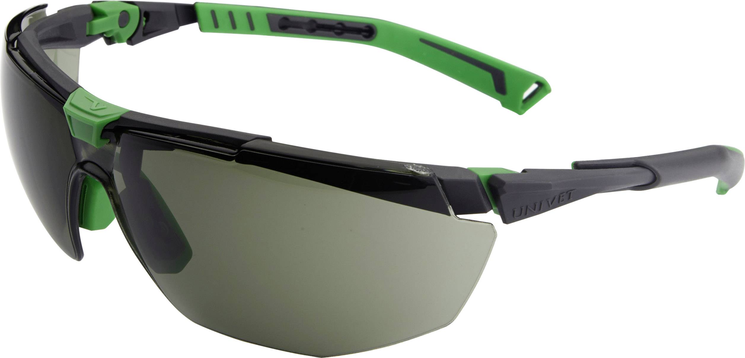 Veiligheidsbril in zwart-groen met getinte glazen, geschikt voor oogbescherming bij buitenactiviteiten of in industriële omgevingen.
