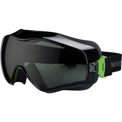 Zwart-groene skibril met getinte lens en elastisch bandje aan de linkerkant. Geschikt voor wintersporten.