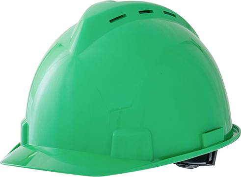 Groene kunststof veiligheidshelm, weergegeven van opzij, bedoeld voor veiligheidsdoeleinden op bouwplaatsen.