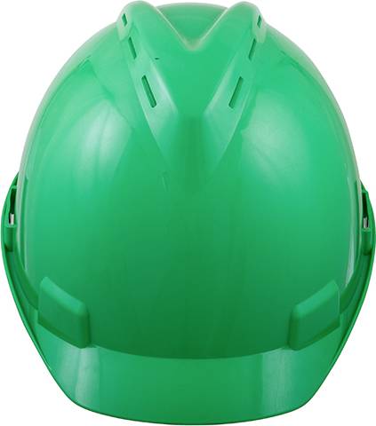 Een groene veiligheidshelm, frontaal gezien, voor een witte achtergrond.