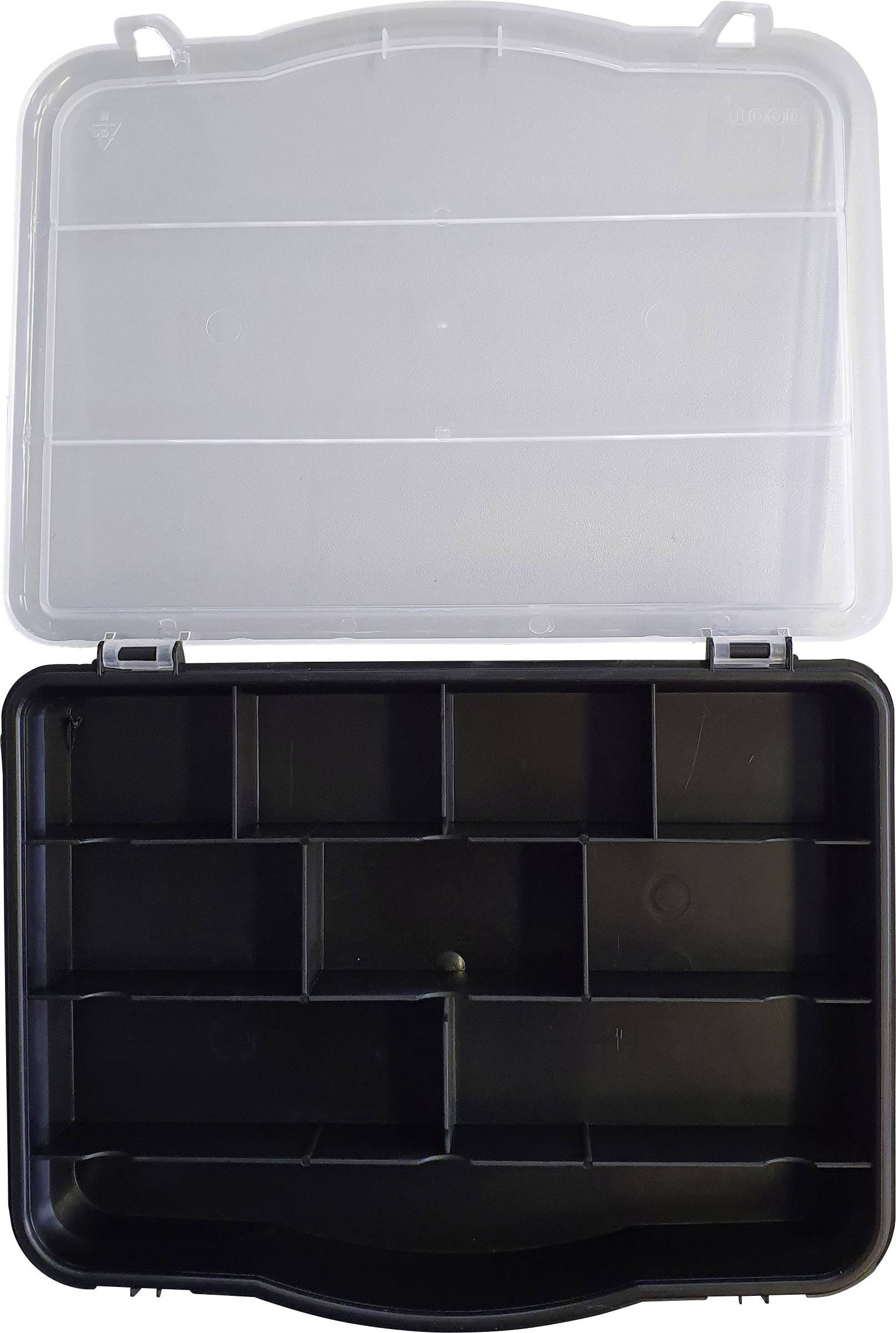 Lege, open kunststof opbergdoos met meerdere compartimenten. Ideaal voor het opbergen van kleine onderdelen. Transparante bovenkant.