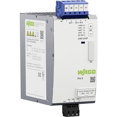 'WAGO Pro 2 voeding met verschillende elektrische specificaties afgedrukt. Bevat ingangen en uitgangen bovenaan en onderaan.'