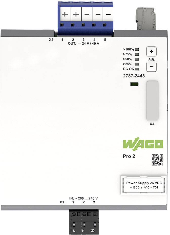 Elektronische WAGO-module Pro 2 met display voor uitgangsvermogen. Bovenaan aansluitblokken. Onderaan ingangen en QR-code.