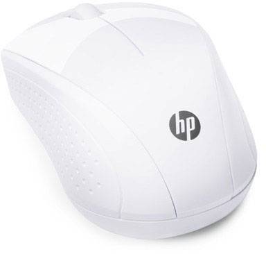 Witte draadloze computermuis met ergonomisch ontwerp en HP-logo, geschikt voor gebruik bij computers of laptops.