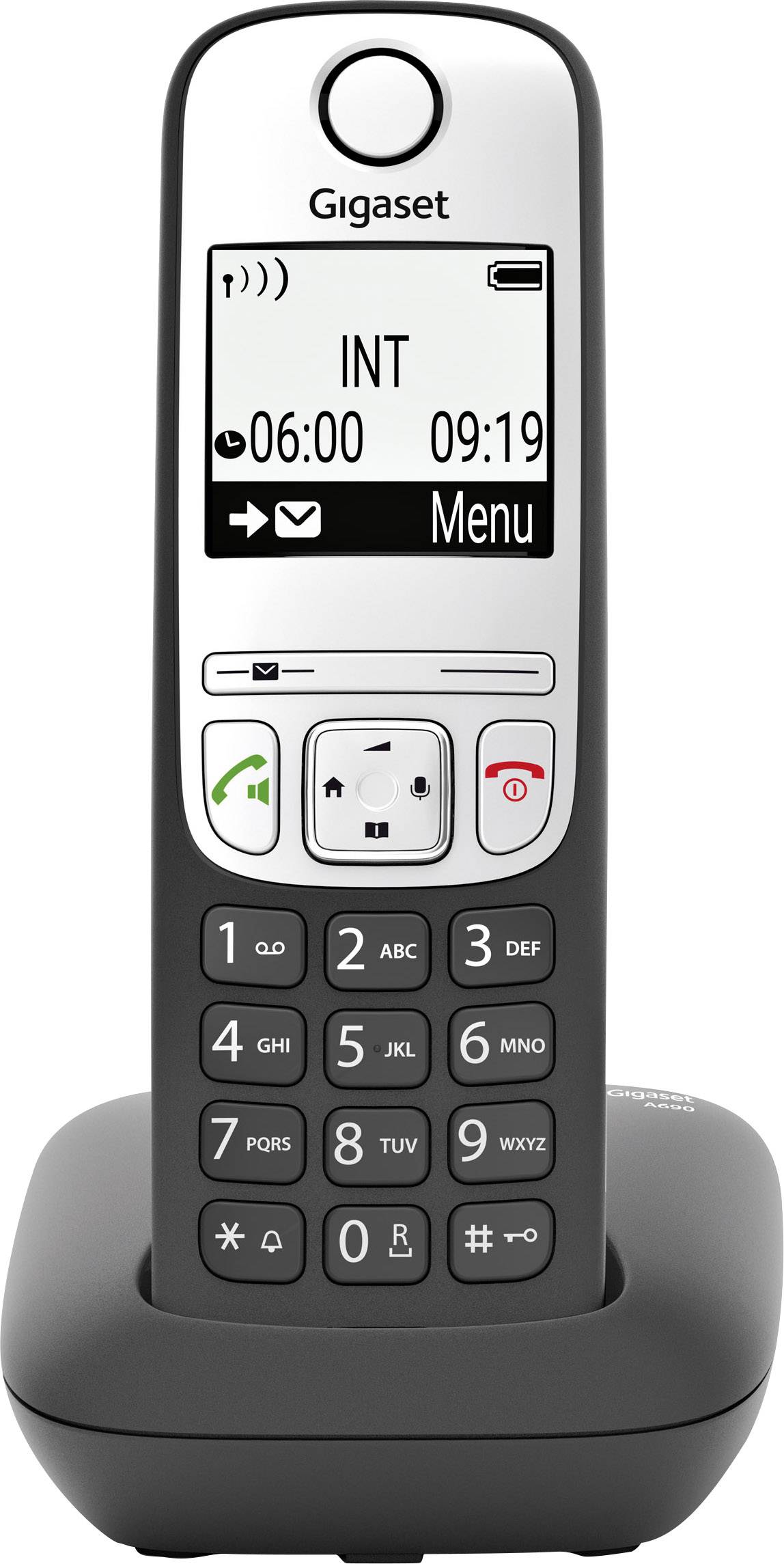 Draadloze telefoon met display, toont tijdstip 09:19, menuoptie en oproepindicatie. Modelkeuze Gigaset, toetsenblok onderaan.