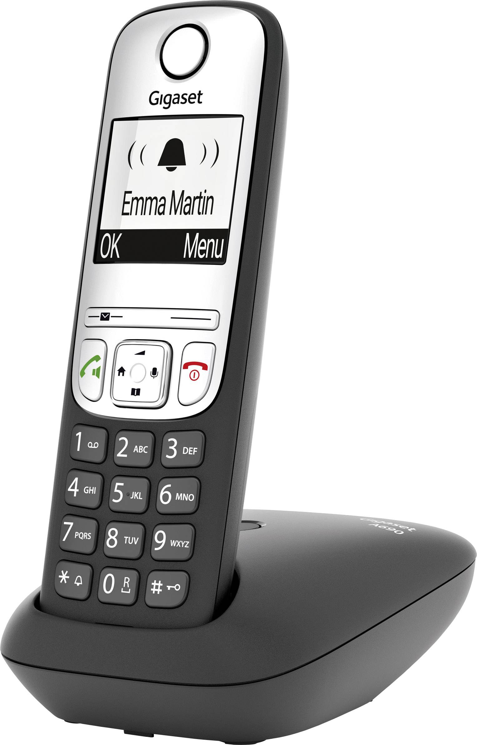 Draadloze telefoon op laadstation, display toont 'Emma Martin'; toetsenblok eronder.