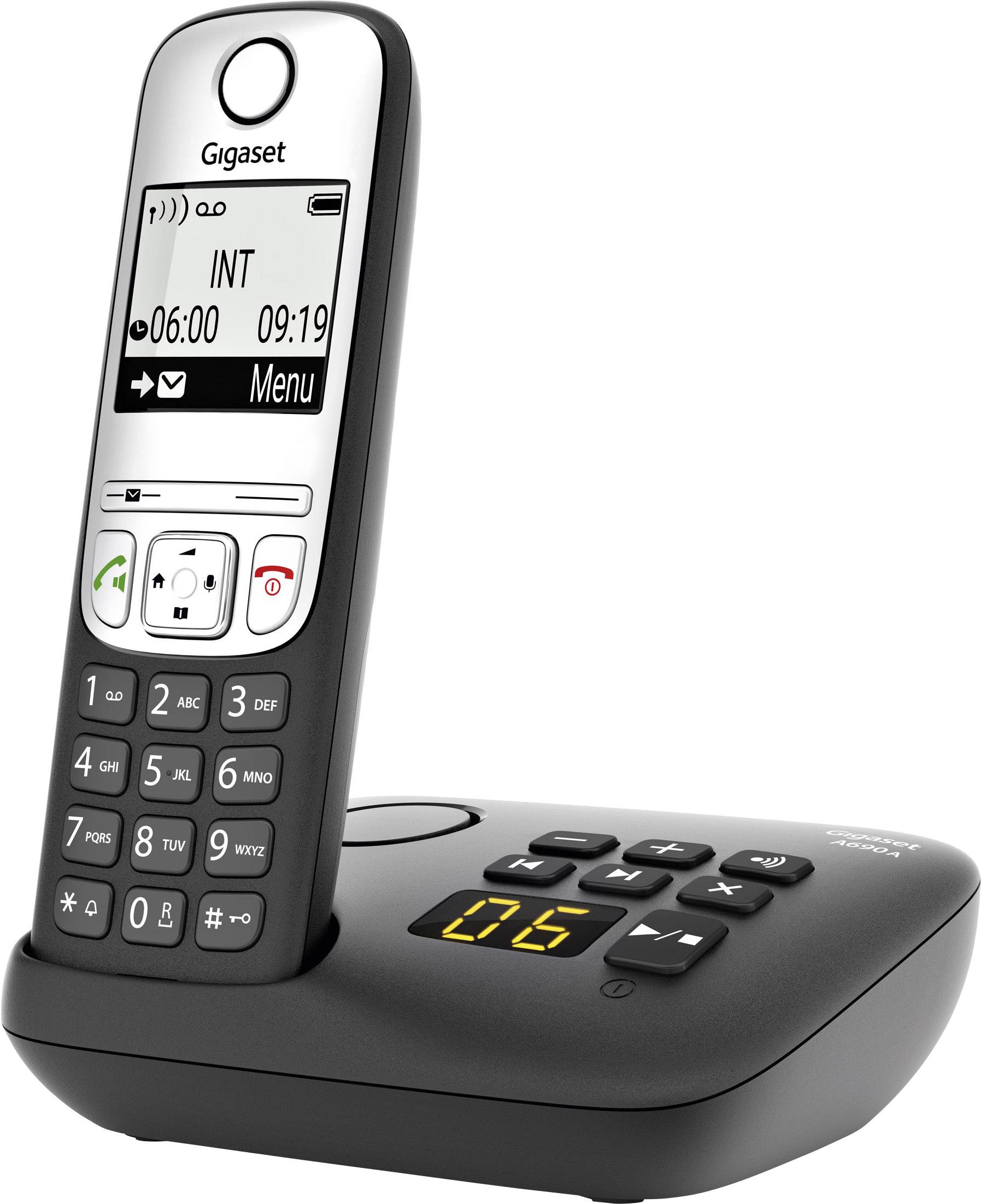 Draadloze Gigaset-telefoon met basisstation, verlicht display en numeriek toetsenblok. Toont tijd en menu-opties op het display.