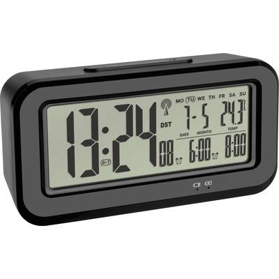 Zwarte digitale wekker toont 13:24 uur. Weergave van datum, weekdag en temperatuur. Maandag, 7 mei, 20,3 graden Celsius.