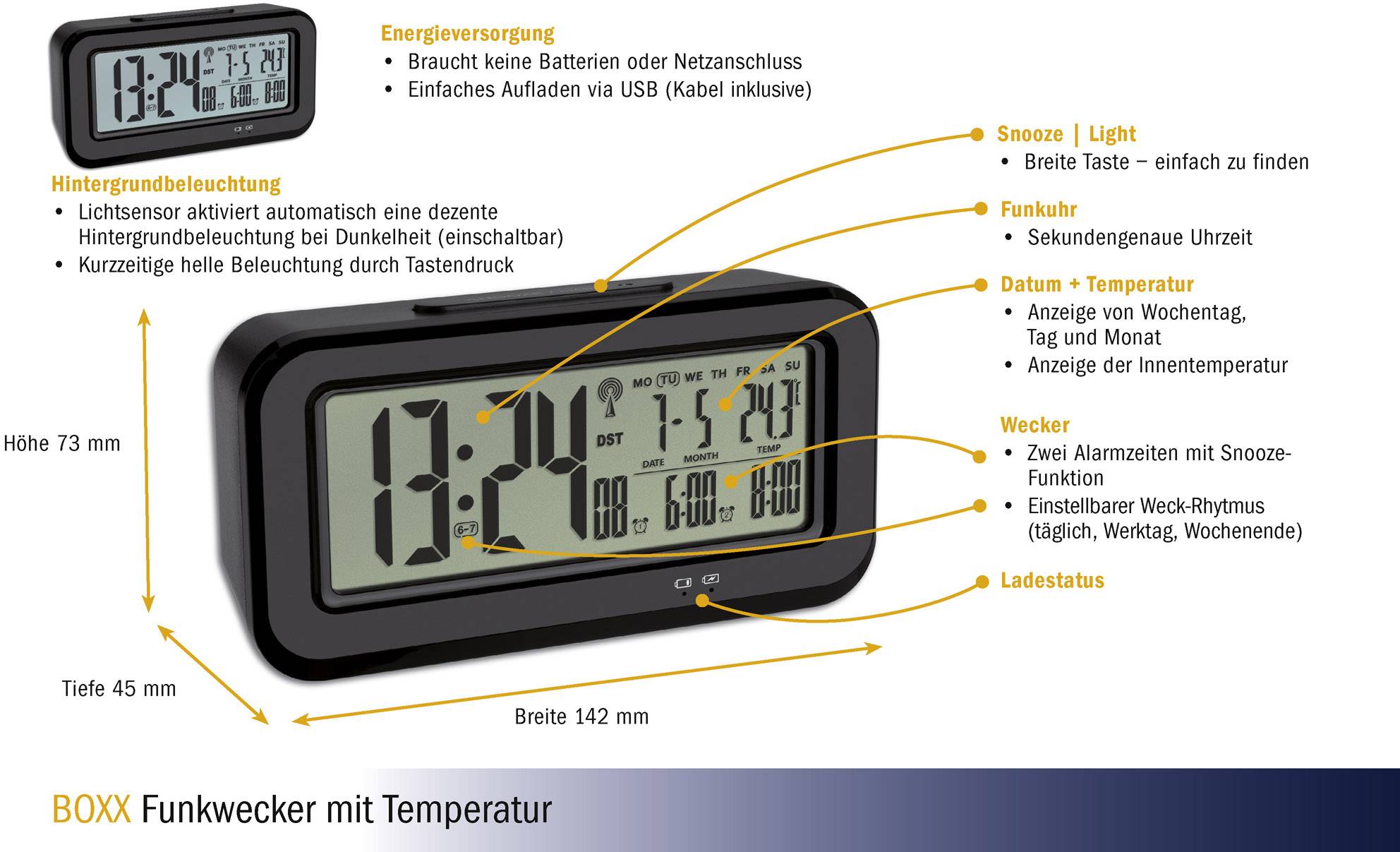 Elektronische wekker met radiobesturing en verlichting. Toont tijd, datum, weekdagen en temperatuur. Wekfunctie en sluimerfunctie geïntegreerd.